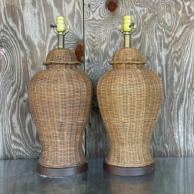 Vintage Coastal Woven Rattan Ginger Jar Lamps. a Pair Chairish