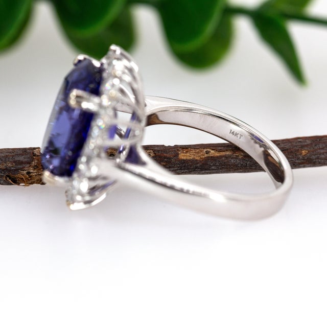 Blue Statement 13x10mm, 9cts Tanzanite Ring W Natural Diamond Halo in Solid 14k Gold, Size 6.75 For Sale - Image 8 of 8