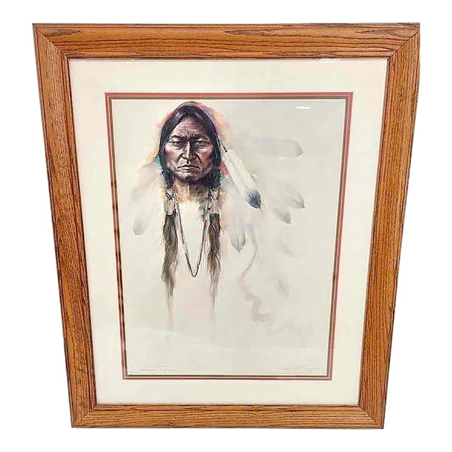 Ozz França Signed "Sitting Bull" 1986 Lithograph Portraiture 33/950 – Custom Oak Frame For Sale