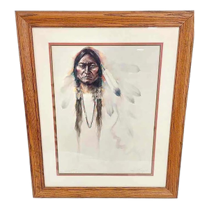 "Sitting Bull" 1986 Lithograph Portraiture 33/950 Signed Ozz França – Custom Oak Frame