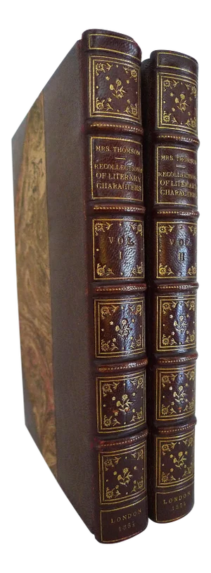Mid 19th Century Antique Leather Volumes, Recollections of Literary Characters and Celebrated Places by Mrs. Thomson - 2 Book Set