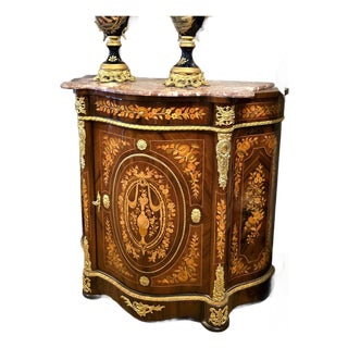 French Marquetry Cabinet With Marble Top – Floral Inlay Accent Chest With Gilt Bronze Mounts For Sale