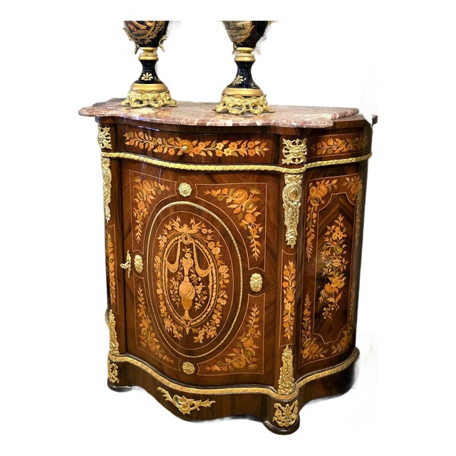 French Marquetry Cabinet With Marble Top – Floral Inlay Accent Chest With Gilt Bronze Mounts For Sale