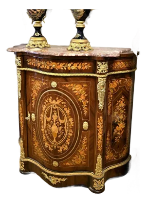 French Marquetry Cabinet With Marble Top – Floral Inlay Accent Chest With Gilt Bronze Mounts