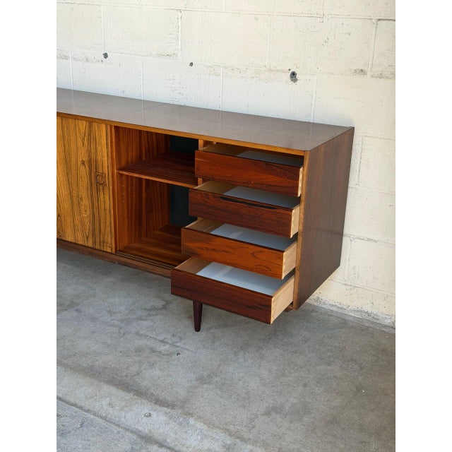Wood Long Sideboard Rosewood Buffet With Sliding Doors Crafted in Denmark Mid-Century Modern 1960s For Sale - Image 7 of 11
