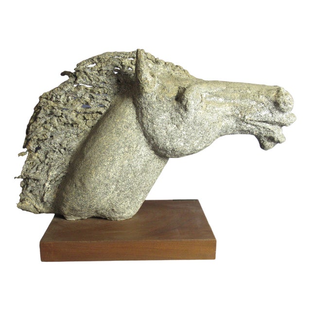Emilia Parea, Horse Head Sculpture, 1960s, Granite and Papier-Mâché on Wood Base For Sale