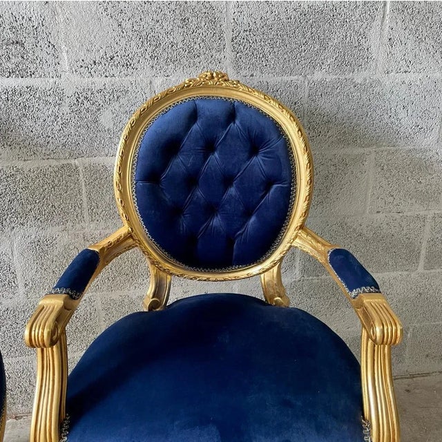 Elegant and Beautiful chair completely refinished in new plush blue velvet fabric and 24K gold leaf. This is a comfortable...