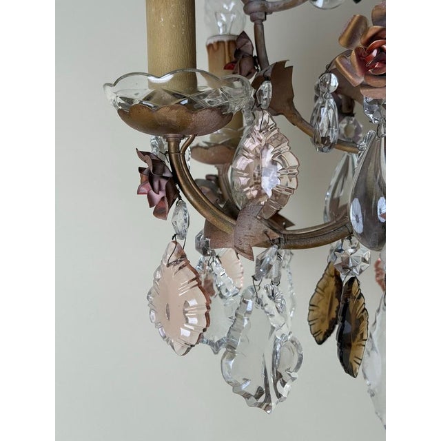 Metal Hollywood Regency Crystal 6-Arm Chandelier with Hand-Painted Rose Details from Palwa, 1950s For Sale - Image 7 of 18