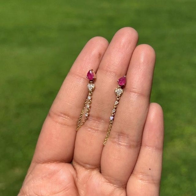 French Contemporary Pear Cut Red Ruby & Diamond Chain Earrings in 14k Yellow Gold- A Pair For Sale - Image 3 of 13