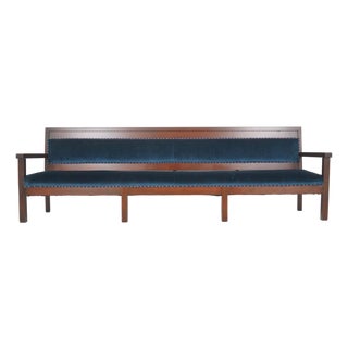 Mid 20th Century Traditional 121.75 In. Blue Velvet Walnut Settee Bench For Sale