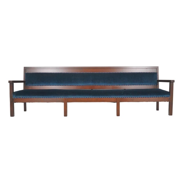 Mid 20th Century Traditional 121.75 In. Blue Velvet Walnut Settee Bench For Sale
