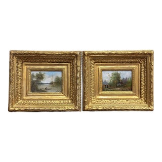 Pair of 19th Century French Barbizon Oil Paintings in Original Gilt Frames For Sale