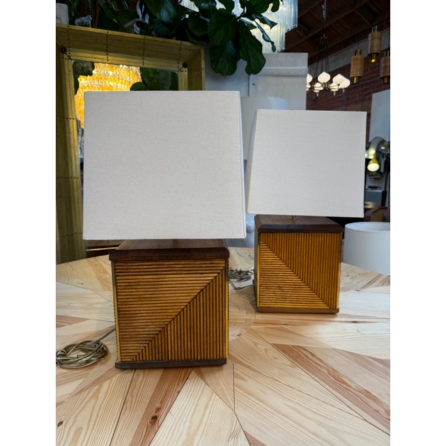 1970s Italian Reeded Wood Table Lamps - a Pair For Sale - Image 4 of 8