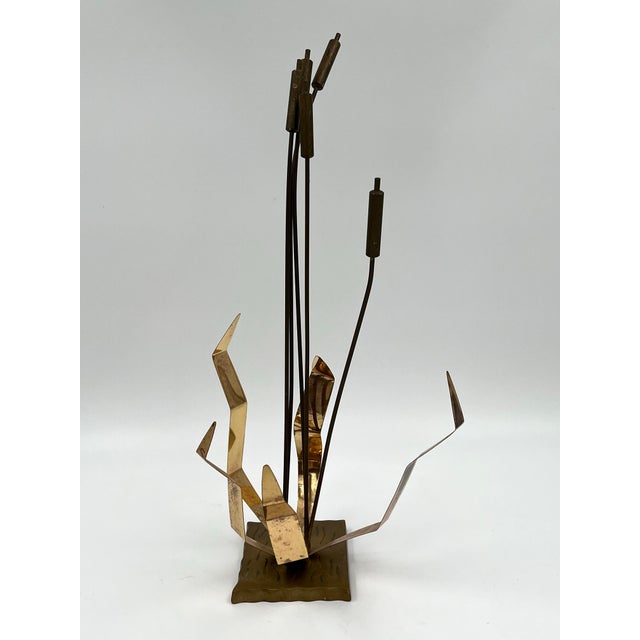 Metal Mid-Century Modern Brutalist Curtis Jere Style Brass Cattails Sculpture For Sale - Image 7 of 8