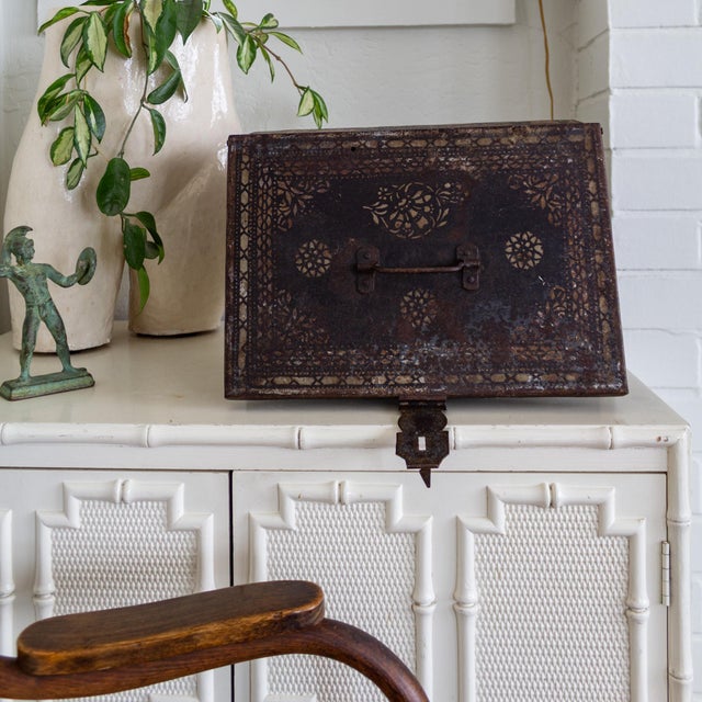 Rustic Metal Strongbox or Money Box With Slavic Floral Folk Art and Cyrillic Text For Sale - Image 13 of 16