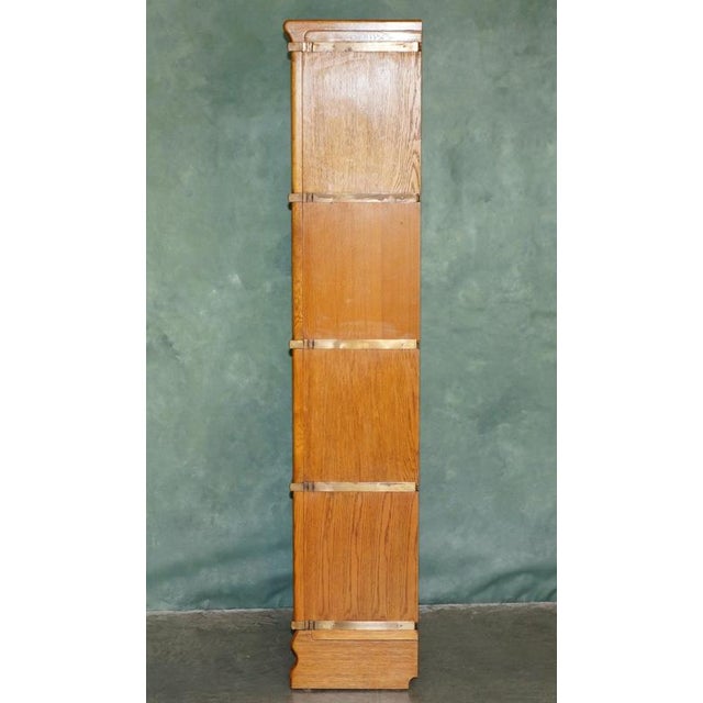 Antique Modular Honey Oak and Gilt Brass Stacking Bookcase with Glazed Retracting Doors For Sale - Image 10 of 18