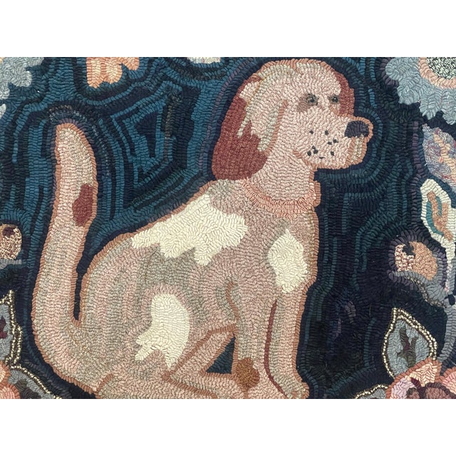 Navy Blue "The Faithful Companion" American Folk Art Hound Pictorial Hooked Rug, 1920s For Sale - Image 8 of 18