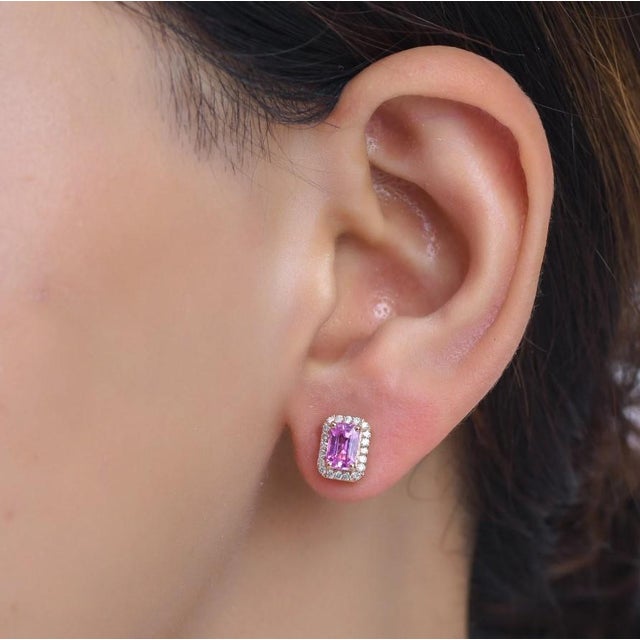 1.05 cts Natural pink sapphire & 0.20 cts diamond earrings in 14k gold For Sale - Image 13 of 18