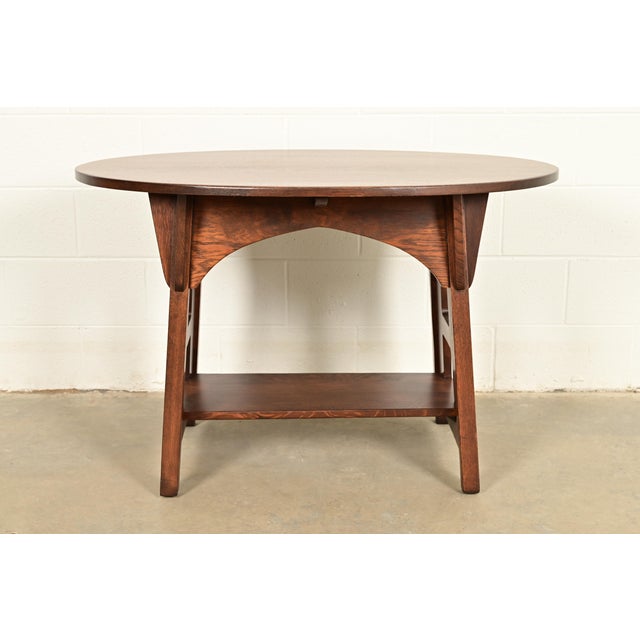 Limbert Antique Mission Oak Arts & Crafts Oval Cutout Center Table or Library Table, Newly Refinished For Sale - Image 10 of 11