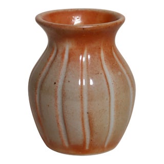 Hand-Thrown Studio Pottery Bud Vase With Warm Terracotta Glaze and Vertical Slip Trailing For Sale
