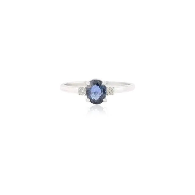 14k Solid White Gold Dainty Blue Sapphire and Diamond Three Stone Ring Size 7 For Sale - Image 4 of 8