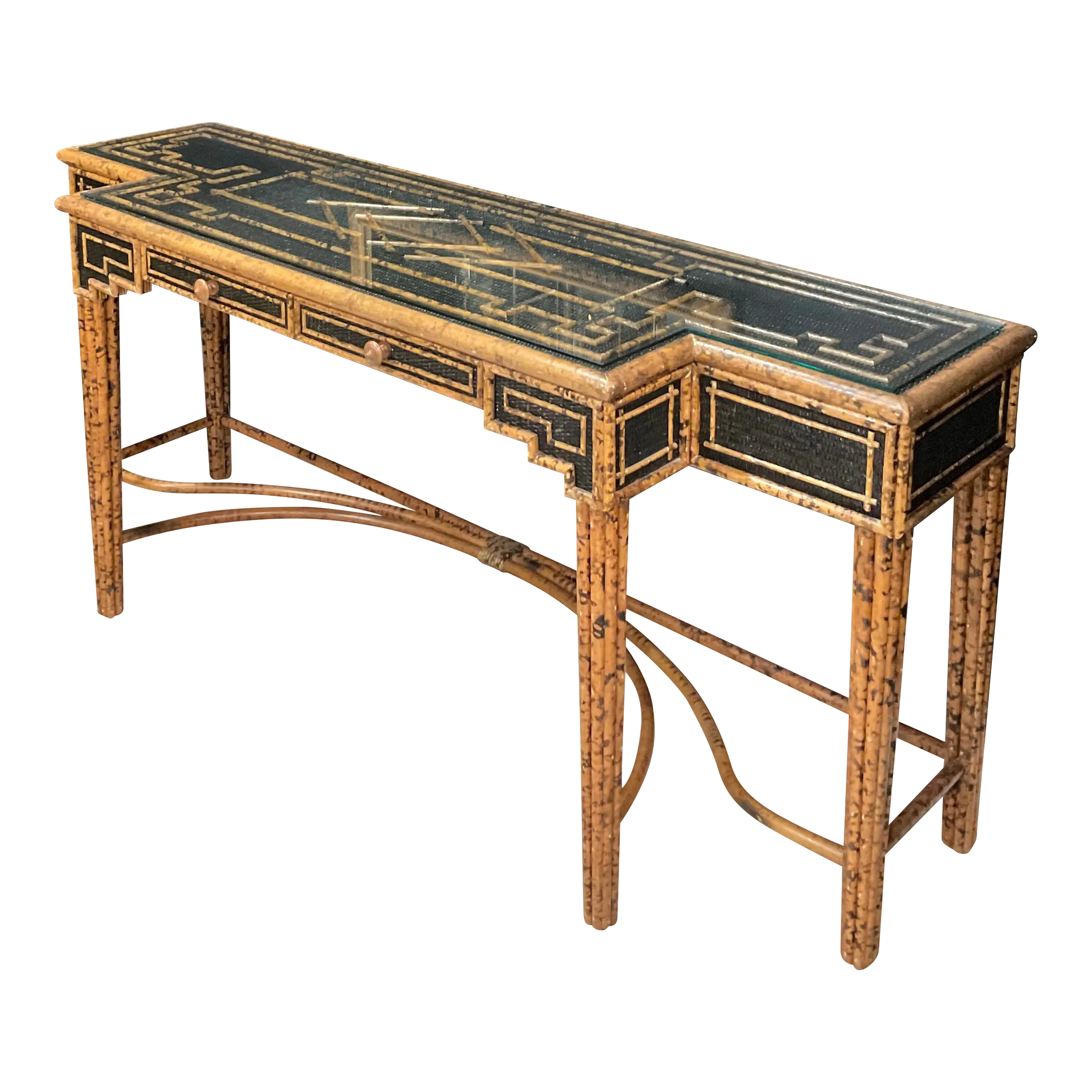 1970s Faux Tortoiseshell Ratan and Bamboo Console Table and