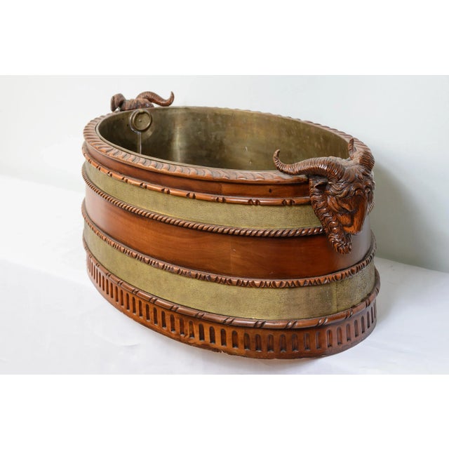 English Wine Bottle Cooler, Mahogany & Brass Ram Heads, 1920s For Sale - Image 3 of 11