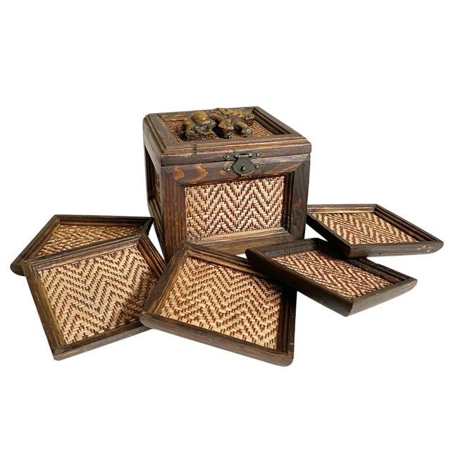 Discover the charm of this Vintage Thai Woven Wooden Box set, featuring intricate craftsmanship and a delightful elephant...