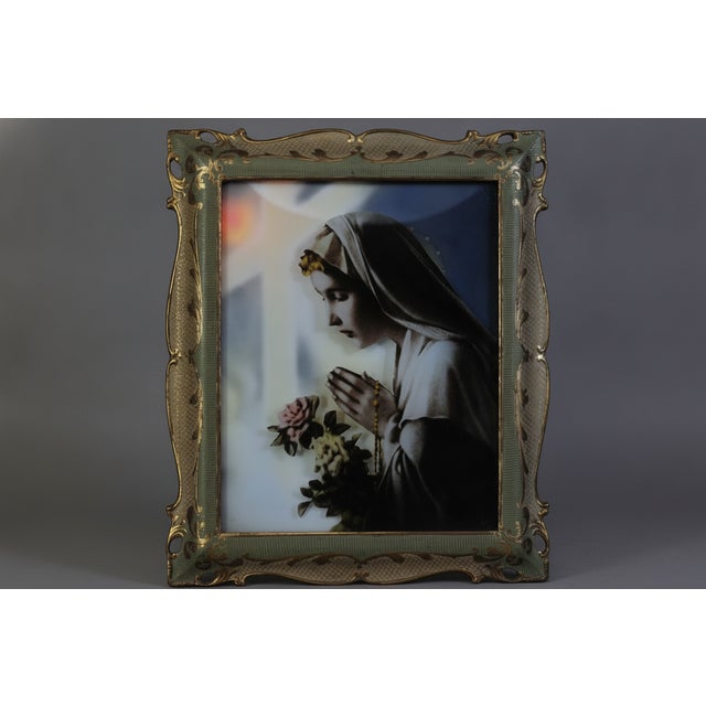 Backlit glass print, Madonna in prayer with flowers, devotional object from the 1950s, curved glass, gilded and decorated...