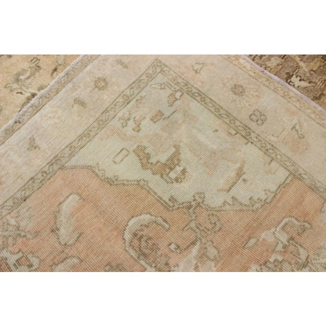 Vintage Turkish Oushak Rug in Faded Apricot, Taupe, and Pale Celadon Tones For Sale - Image 9 of 10