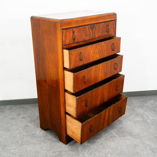 1940s Mid Century Modern Highboy Dresser 5 Drawer Walnut Vintage MCM Metal Burl Wood For Sale - Image 5 of 12