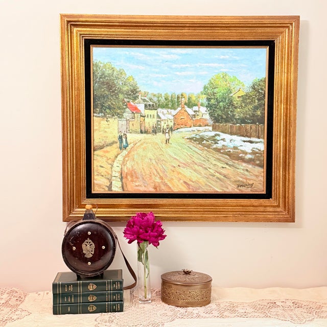 A beautifully executed hand-painted oil reproduction after Alfred Sisley's celebrated Impressionist masterwork "Early Snow...