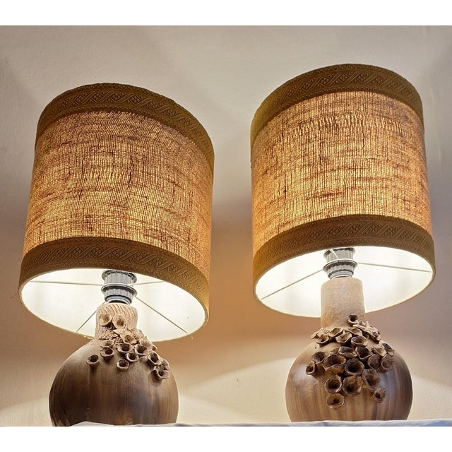 1970s Vintage Table Lamps with Brown Ceramic Bases and Fabric Shades, 1970s, Set of 2 For Sale - Image 5 of 11