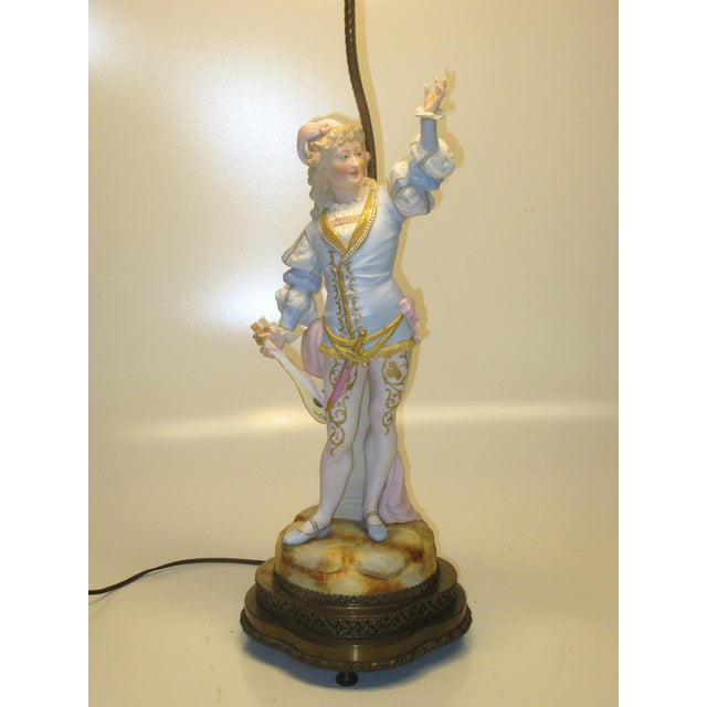 Sky Blue 1900s Table Lamp Gilded Dresden Porcelain Figurine Masquerade Ball Renaissance For Sale - Image 8 of 17