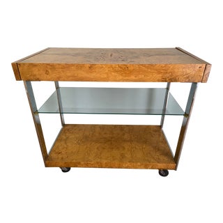 1970s Burled Olive Wood and Chrome Rolling Bar Cart by Milo Baughman for Lane Furniture For Sale