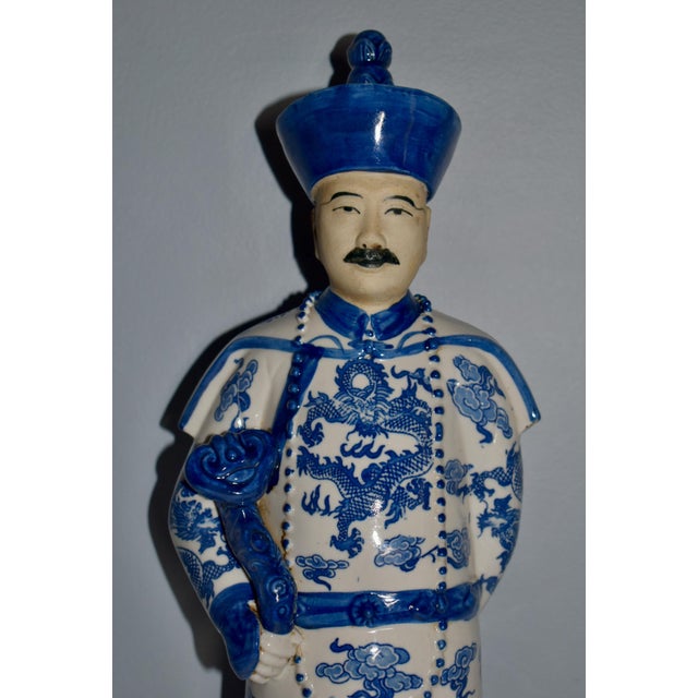 1960s Vintage Blue & White Porcelain Qing Emperor Statue For Sale - Image 5 of 12