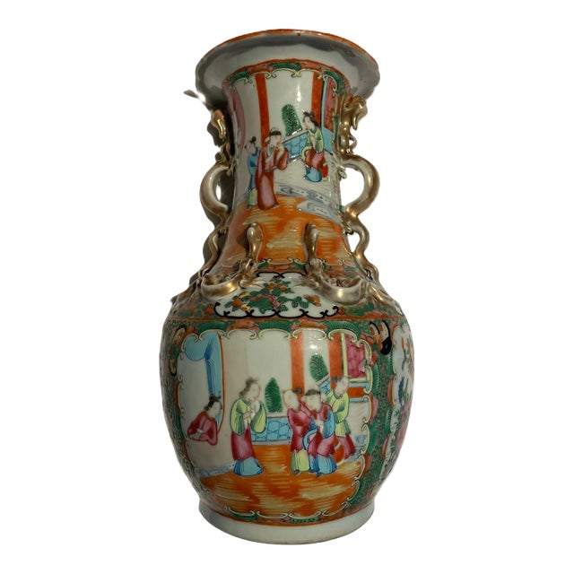 Large Hand‑Painted Chinese Export Porcelain Vase With Figural Panels & Gilt Dragon Handles For Sale