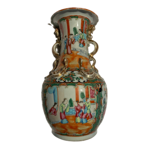 Large Hand‑Painted Chinese Export Porcelain Vase With Figural Panels & Gilt Dragon Handles