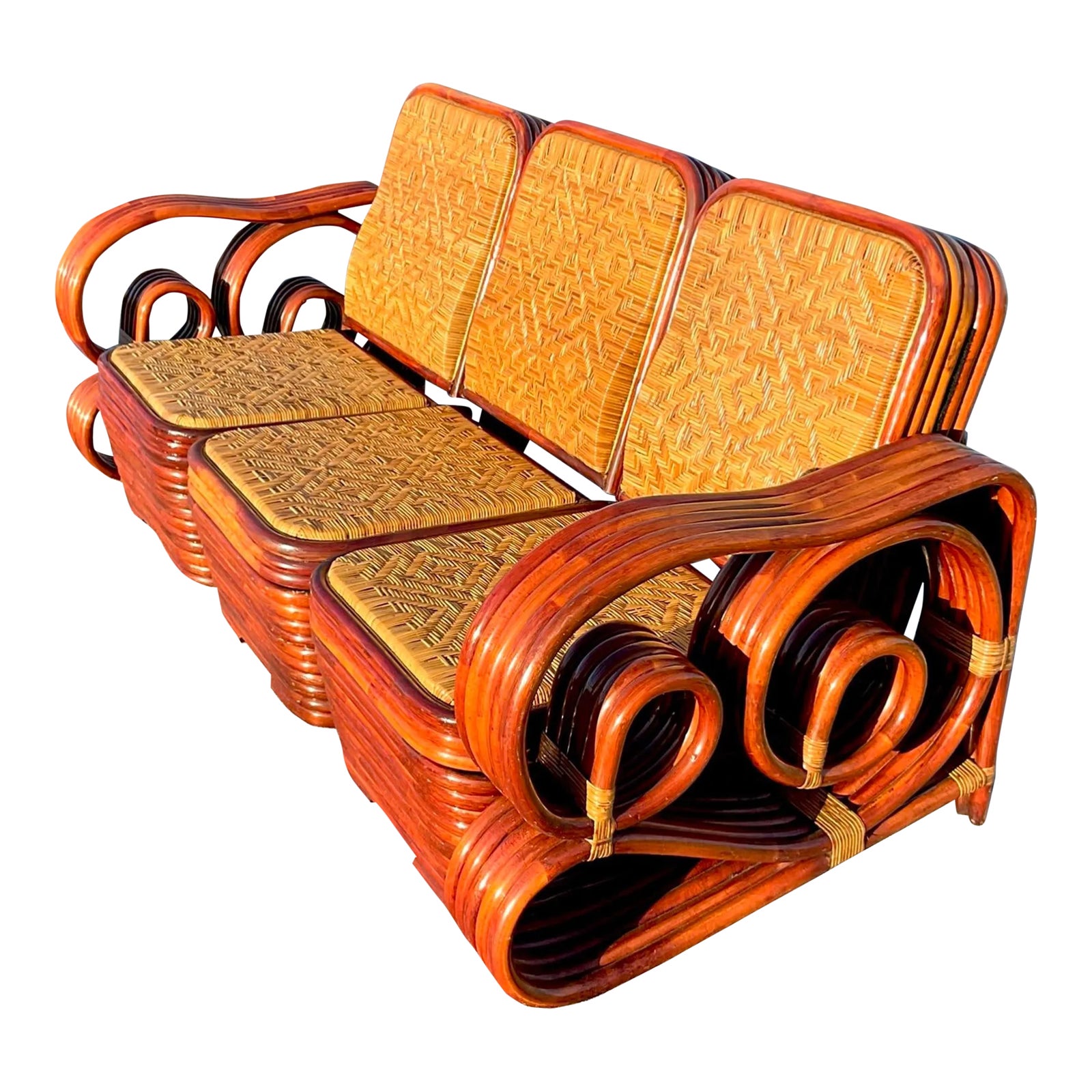 Vintage Coastal Scroll Rattan With Woven Rattan Seats 3 Piece Sofa ...
