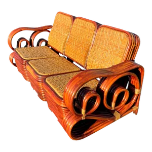 Vintage Coastal Scroll Rattan With Woven Rattan Seats 3 Piece Sofa