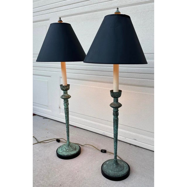 Pair of Vintage Frederick Cooper Verdigris Candlestick Buffet Table Lamps For Sale - Image 10 of 18