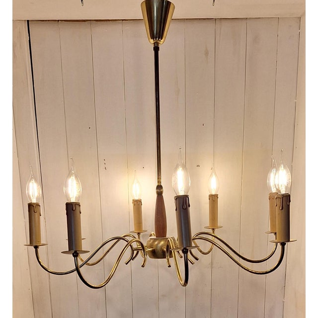 Beige Vintage Mid-Century 8-Light Chandelier with Brass Frame and Teak Wood, 1960s For Sale - Image 8 of 8