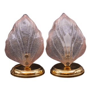 Set of 2 Pink Murano Glass Leaves Table Lamp, 1980s For Sale