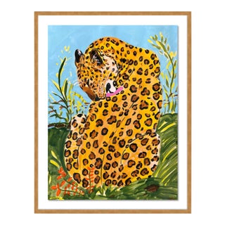 Licking Leopard by Jelly Chen in Gold Framed Paper, Medium Art Print For Sale