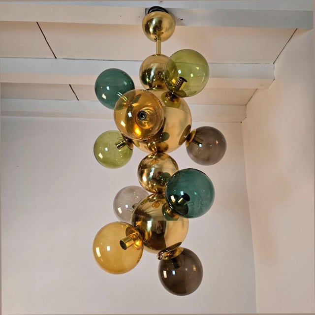 2000 - 2009 Glass and Brass Italian Mid-Century Modern Chandelier For Sale - Image 5 of 9