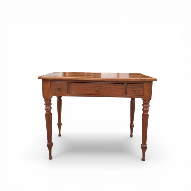 Antique Solid-Wood Writing Desk With Turned Legs and Drawer For Sale - Image 4 of 18