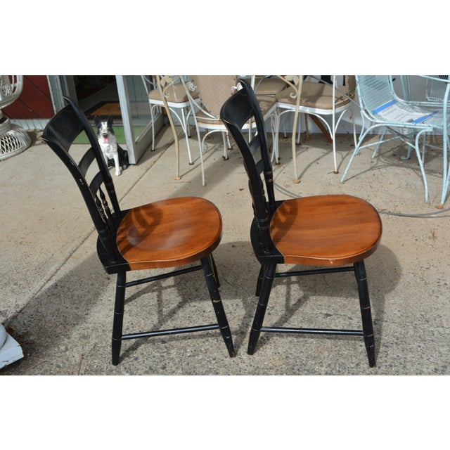 Pair of Mid 20th Century Hitchcock Black W/ Brown Seat Gold Stenciled Fruits Harvest Dining Chairs For Sale - Image 9 of 15