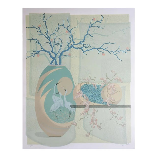 Vintage Serigraph Teal Still Life For Sale