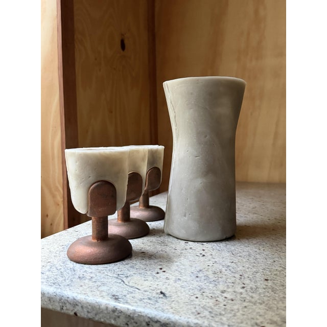 Contemporary Vintage Brutalist Barware Set with Hand-Molded Capa Carafe and Vessels with Copper Bases, Set of 4 For Sale - Image 3 of 12