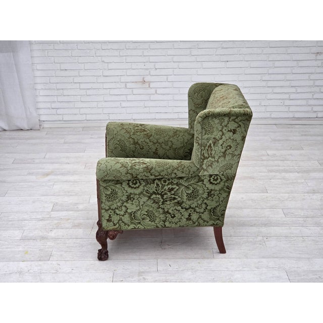 Danish Armchair in Green Velour and Carved Oak, 1950s For Sale - Image 13 of 18